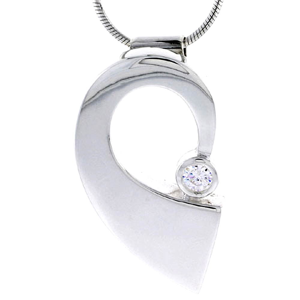 STERLING SILVER HIGH POLISHED HALF HEART SLIDER PENDANT, W/ 4MM CZ STONE, 1 3/16" (30 MM) TALL, W/ 18" THIN SNAKE CHAIN