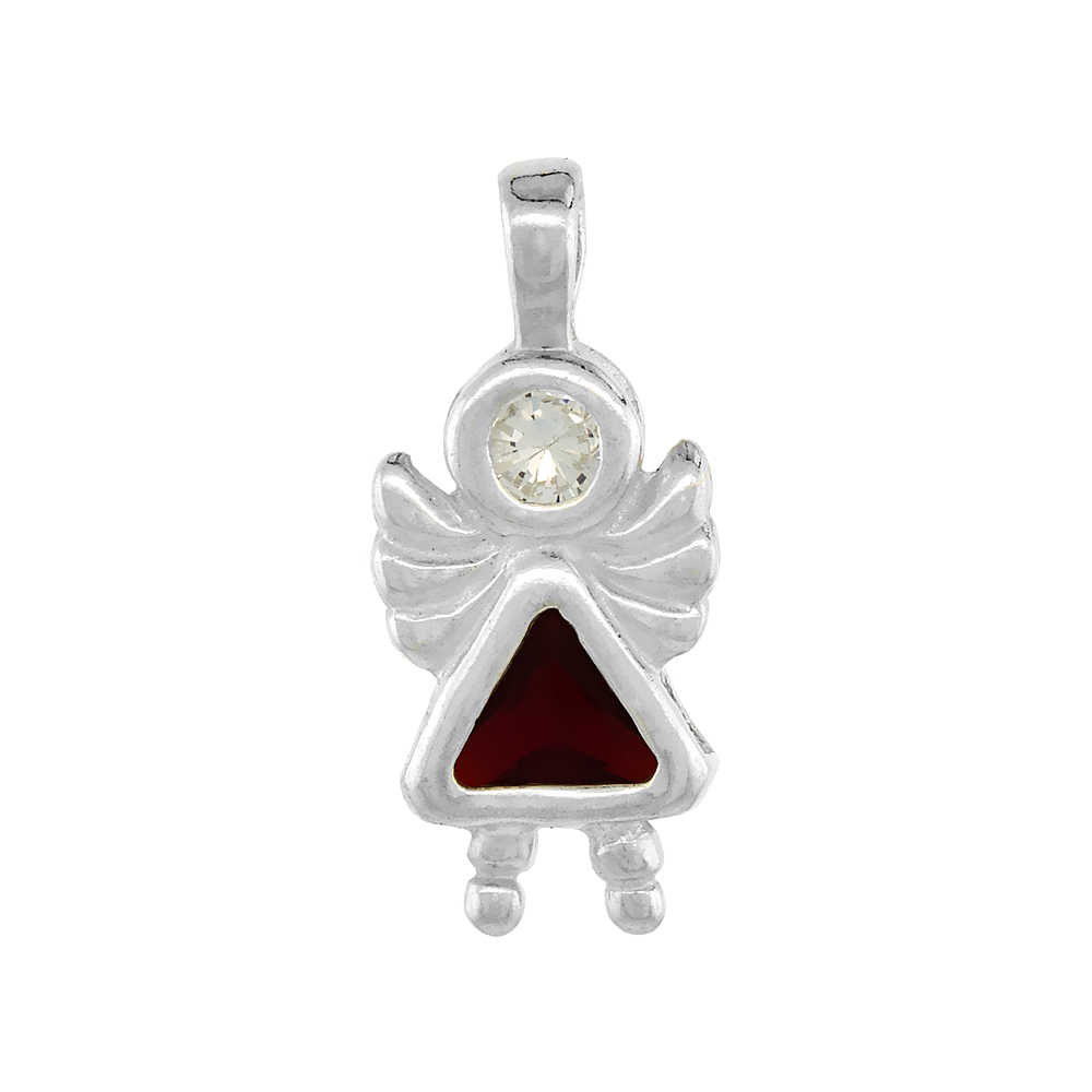 Sterling Silver Garnet Cubic Zirconia January Birthstone Baby Angel Necklace with 1.5 mm Bead Chain
