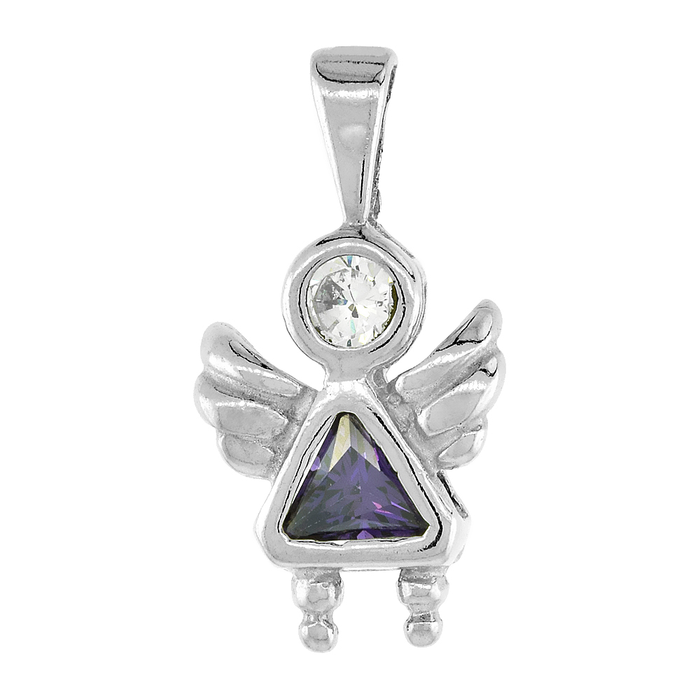 Sterling Silver Amethyst Cubic Zirconia February Birthstone Baby Angel Necklace with 1.5 mm Bead Chain