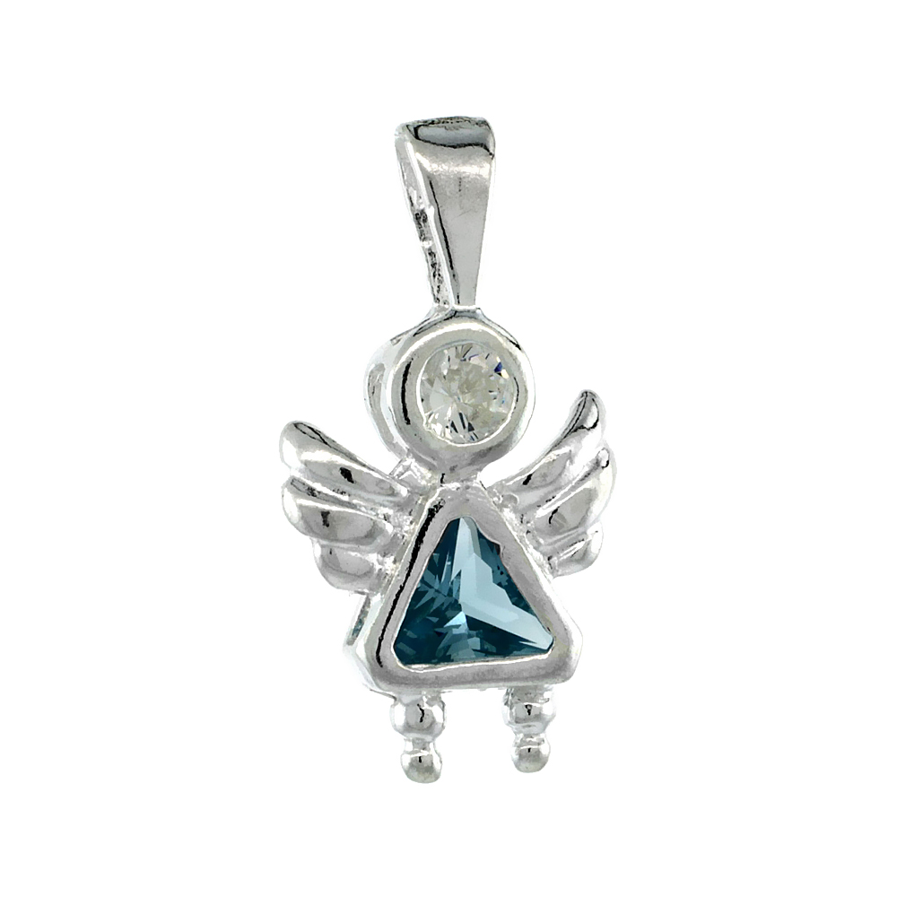 STERLING SILVER AQUAMARINE CUBIC ZIRCONIA MARCH BIRTHSTONE ANGEL PENDANT NO CHAIN (NO CHAIN)