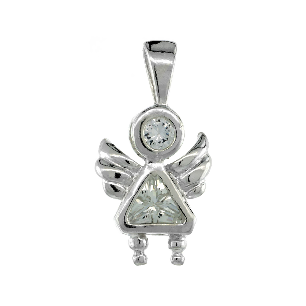 Sterling Silver Clear Cubic Zirconia April Birthstone Baby Angel Necklace with 1.5 mm Bead Chain