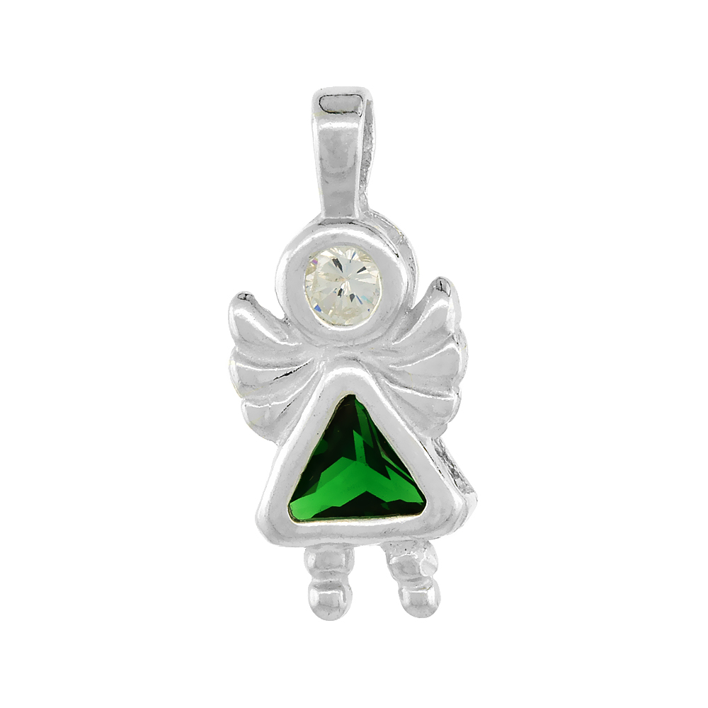 Sterling Silver Emerald Cubic Zirconia May Birthstone Baby Angel Pendant NO Chain