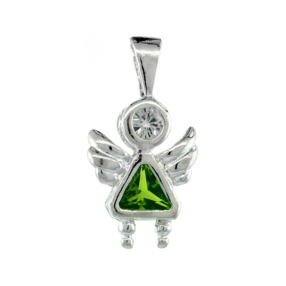 Sterling Silver Peridot Cubic Zirconia August Birthstone Baby Angel Necklace with 1.5 mm Bead Chain