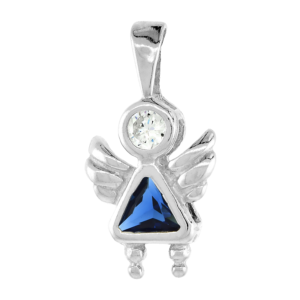 STERLING SILVER BLUE SAPPHIRE CUBIC ZIRCONIA SEPTEMBER BIRTHSTONE ANGEL PENDANT NO CHAIN (NO CHAIN)