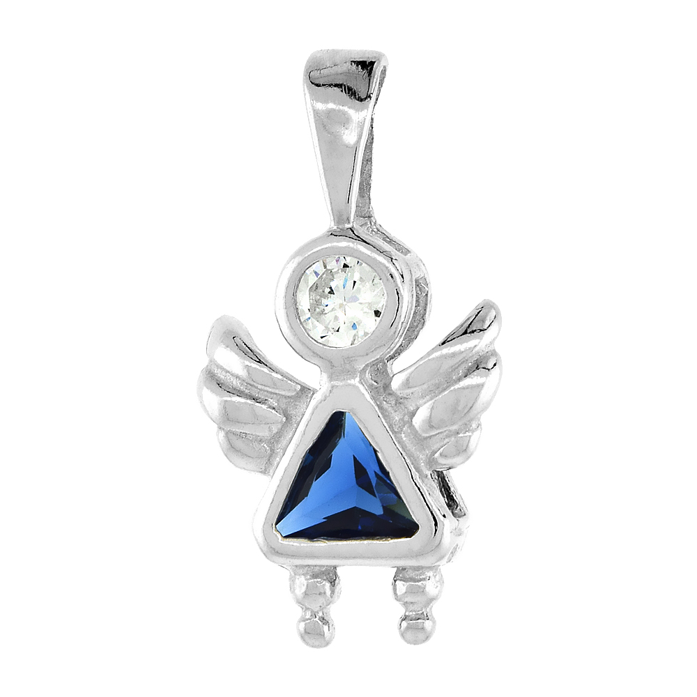 Sterling Silver Blue Sapphire Cubic Zirconia September Birthstone Baby Angel Necklace with 1.5 mm Bead Chain