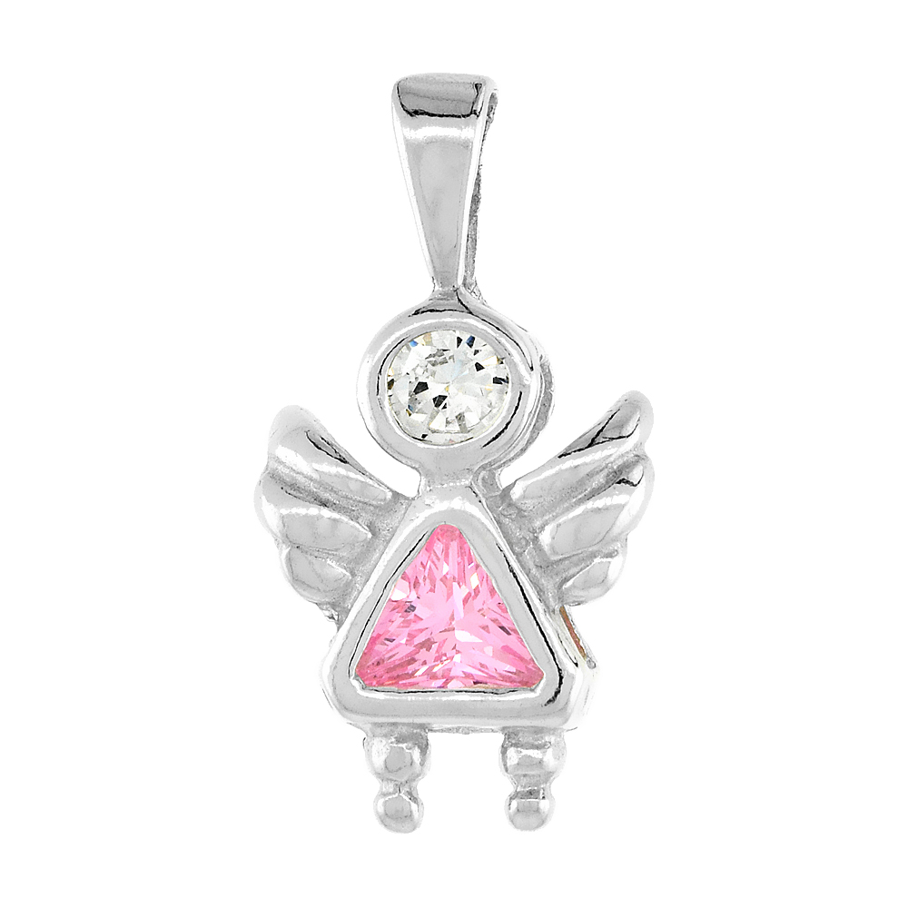 Sterling Silver Pink Tourmaline Cubic Zirconia October Birthstone Baby Angel Necklace with 1.5 mm Bead Chain