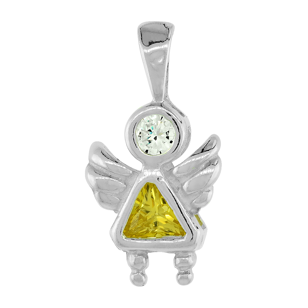 Sterling Silver Citrine Cubic Zirconia November Birthstone Baby Angel Necklace with 1.5 mm Bead Chain