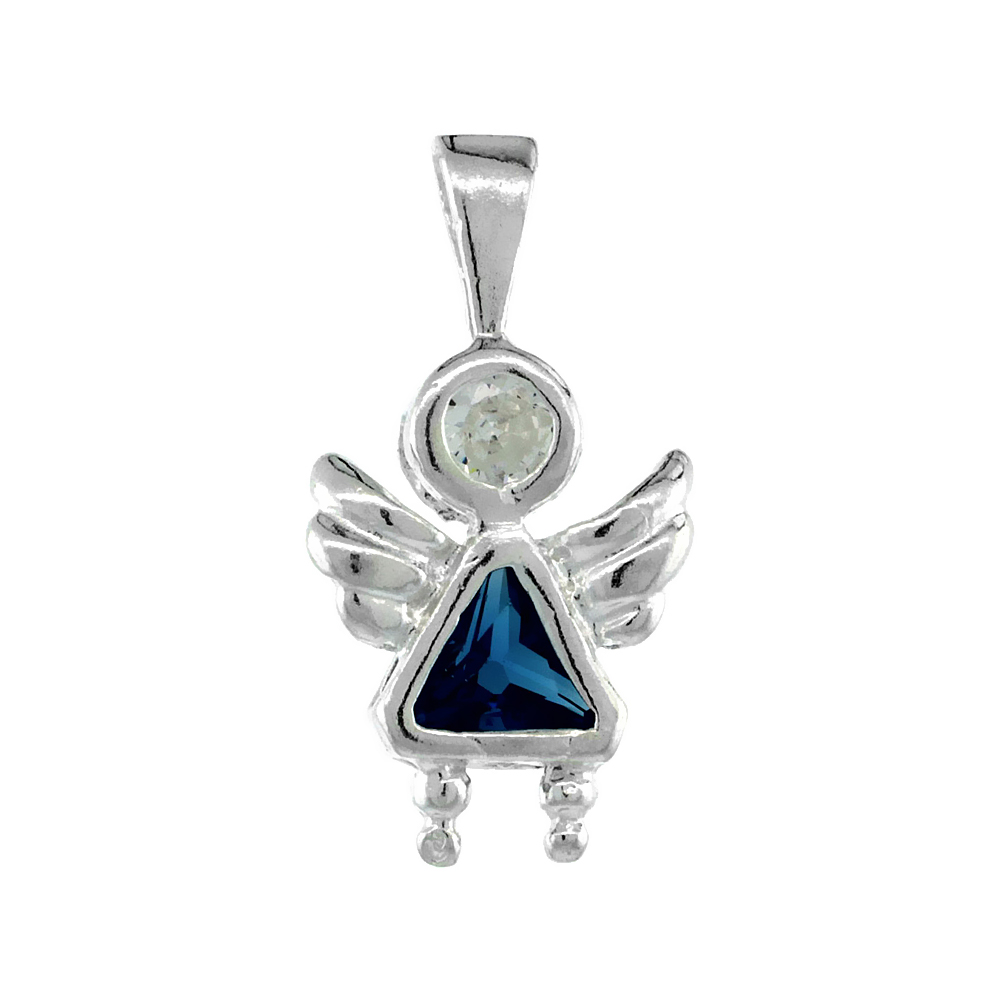 Sterling Silver Blue Topaz Cubic Zirconia December Birthstone Baby Angel Necklace with 1.5 mm Bead Chain