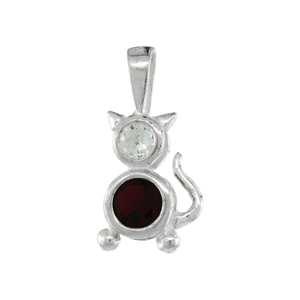 STERLING SILVER GARNET CUBIC ZIRCONIA JANUARY BIRTHSTONE CAT NECKLACE WITH 1.5 MM BEAD CHAIN