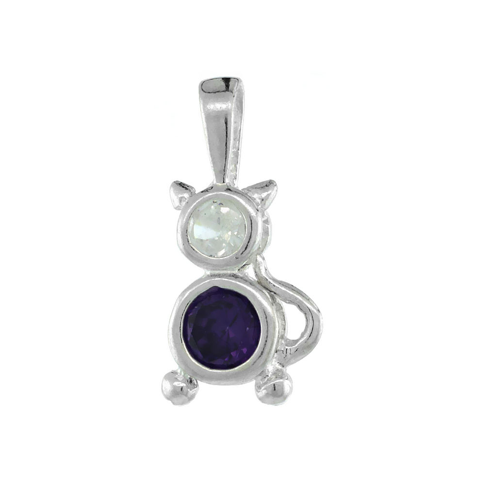 Sterling Silver Amethyst Cubic Zirconia February Birthstone Cat Necklace with 1.5 mm Bead Chain