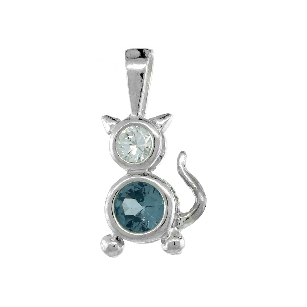 Sterling Silver Aquamarine Cubic Zirconia March Birthstone Cat Necklace with 1.5 mm Bead Chain