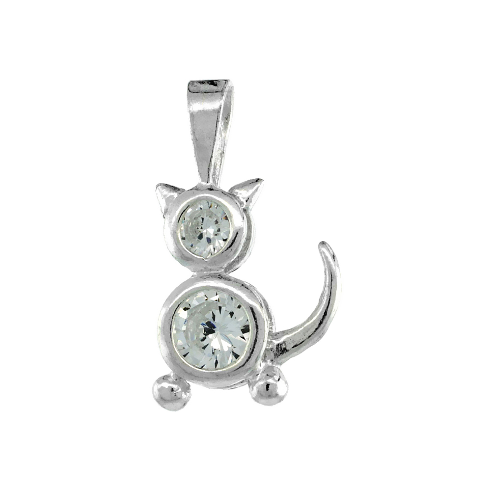 Sterling Silver Clear Cubic Zirconia April Birthstone Cat Necklace with 1.5 mm Bead Chain
