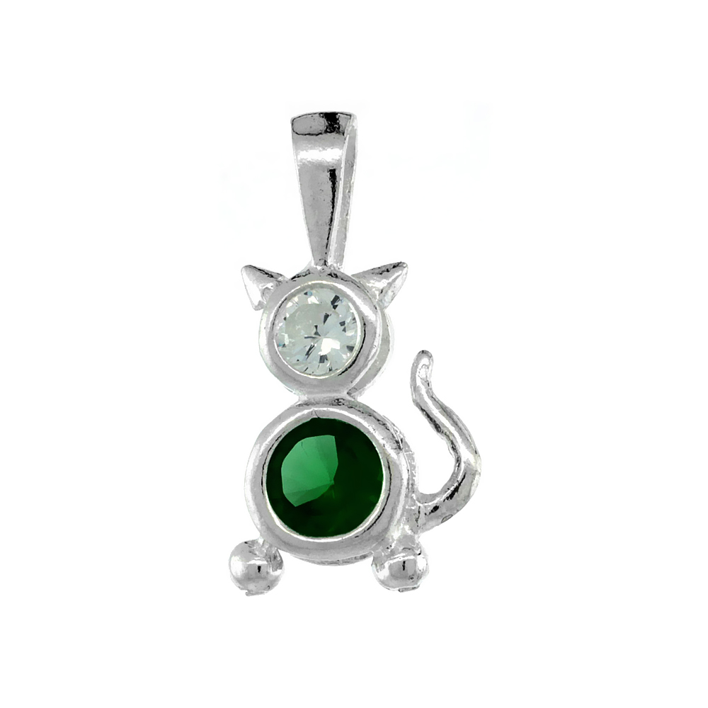 Sterling Silver Emerald Cubic Zirconia May Birthstone Cat Pendant NO Chain