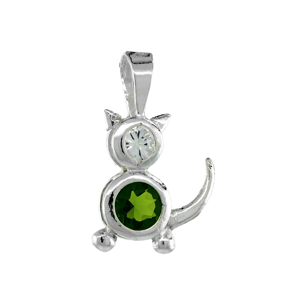 Sterling Silver Peridot Cubic Zirconia August Birthstone Cat Necklace with 1.5 mm Bead Chain
