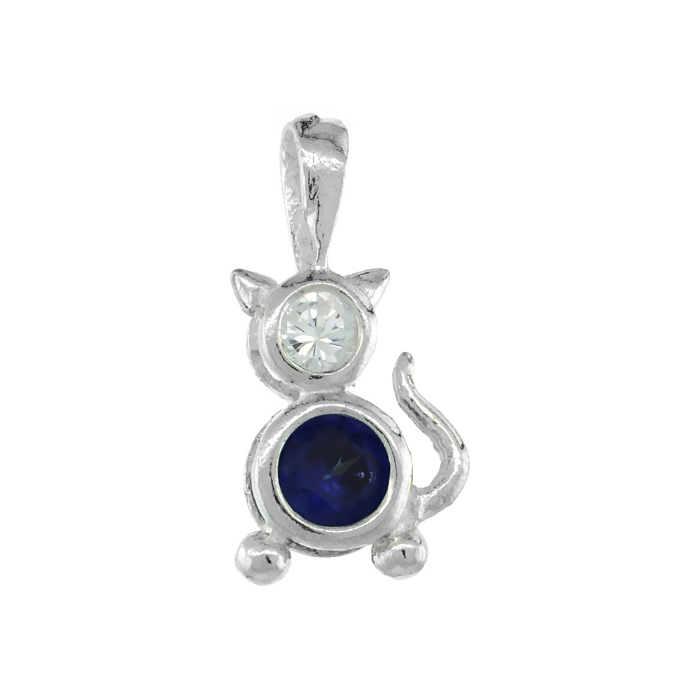 Sterling Silver Blue Sapphire Cubic Zirconia September Birthstone Cat Pendant NO Chain