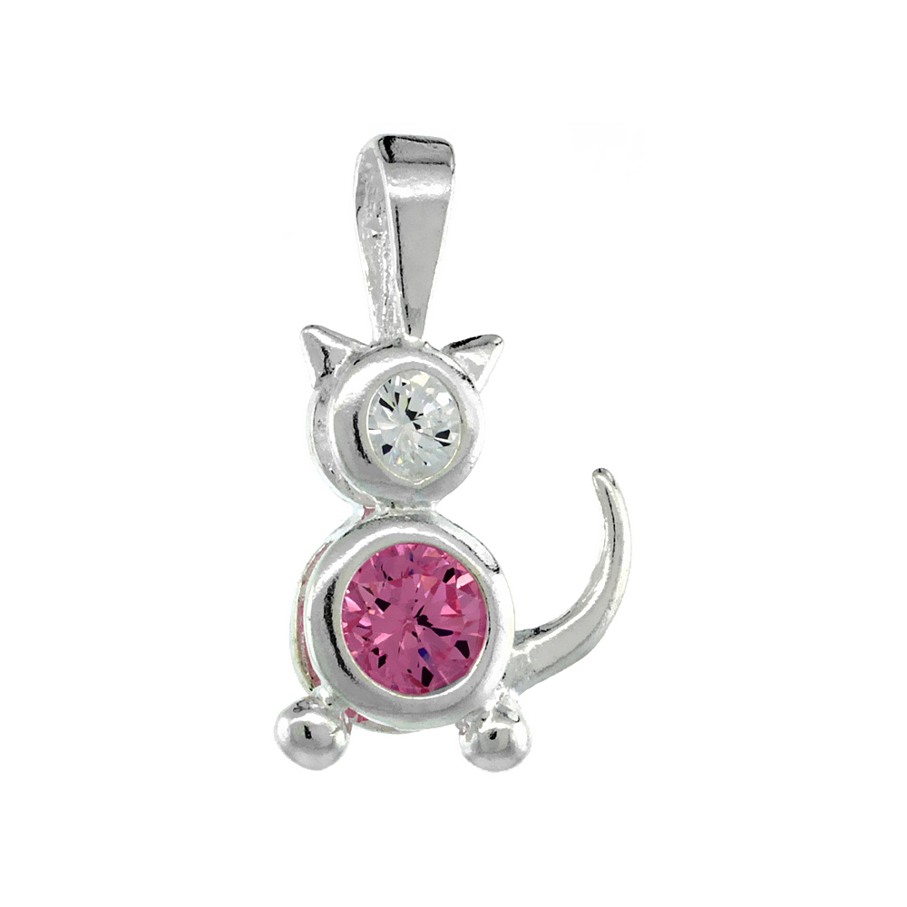 Sterling Silver Pink Tourmaline Cubic Zirconia October Birthstone Cat Necklace with 1.5 mm Bead Chain