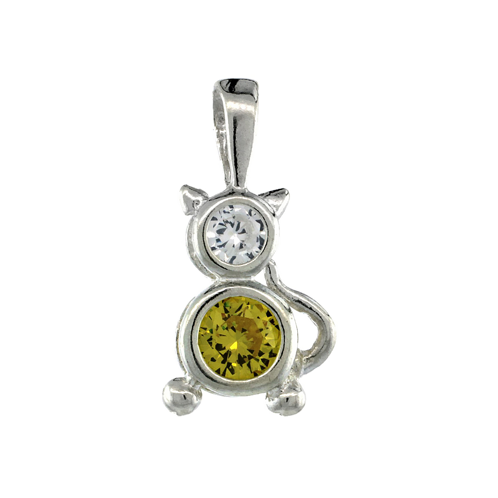Sterling Silver Citrine Cubic Zirconia November Birthstone Cat Necklace with 1.5 mm Bead Chain
