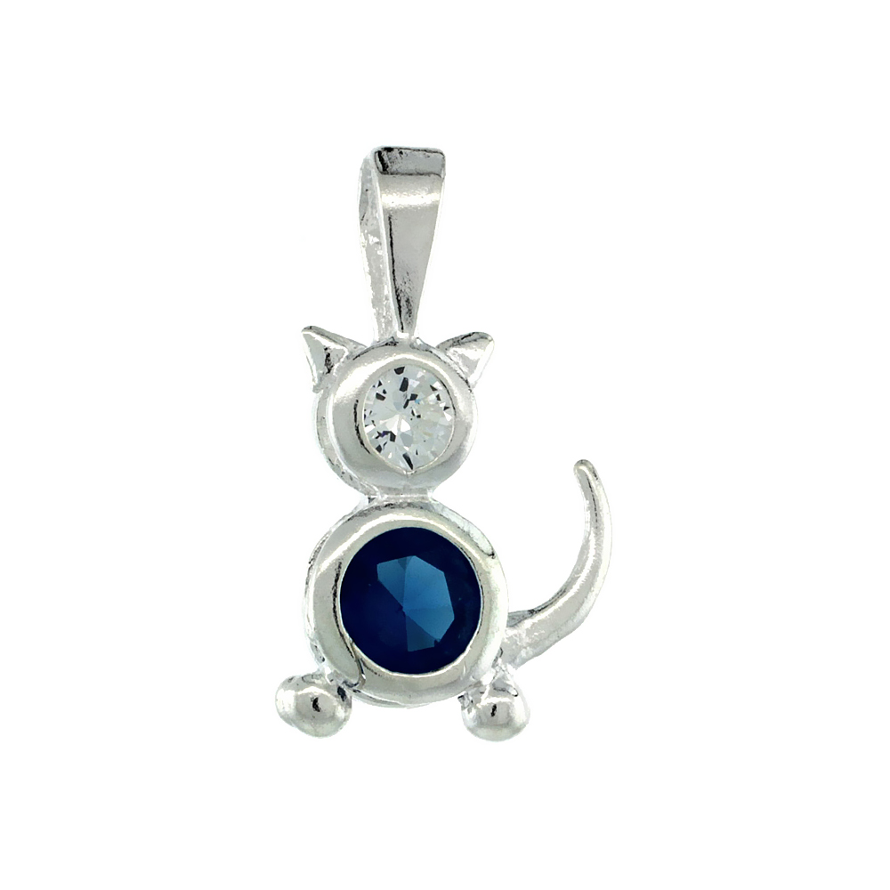 Sterling Silver Blue Topaz Cubic Zirconia December Birthstone Cat Necklace with 1.5 mm Bead Chain