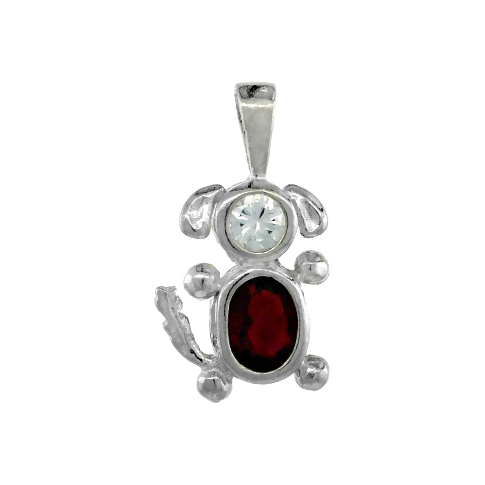 Sterling Silver Garnet Cubic Zirconia January Birthstone Dog Necklace with 1.5 mm Bead Chain