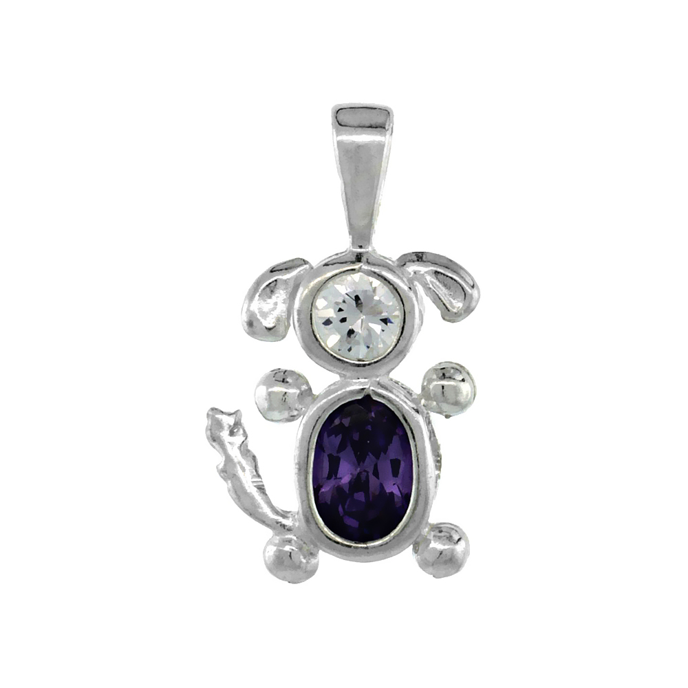 Sterling Silver Amethyst Cubic Zirconia February Birthstone Dog Necklace with 1.5 mm Bead Chain