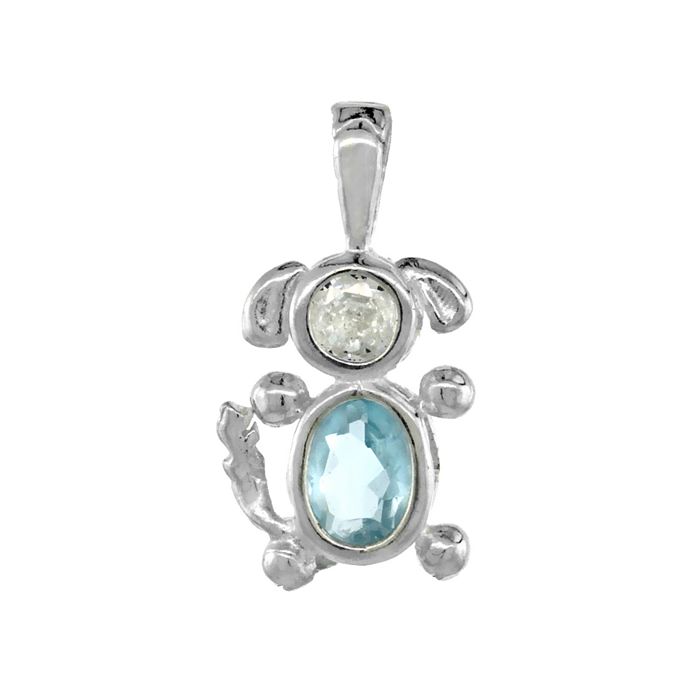 Sterling Silver Aquamarine Cubic Zirconia March Birthstone Dog Necklace with 1.5 mm Bead Chain