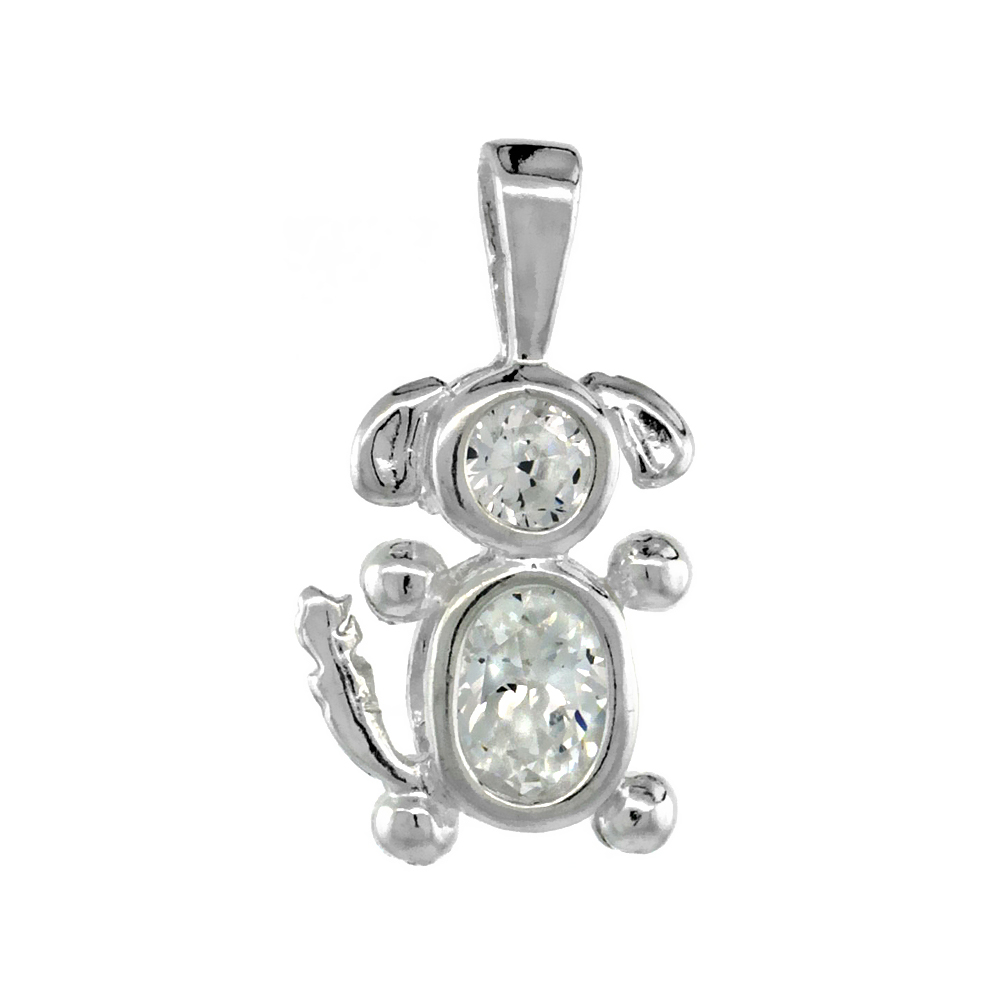 Sterling Silver Clear Cubic Zirconia April Birthstone Dog Necklace with 1.5 mm Bead Chain
