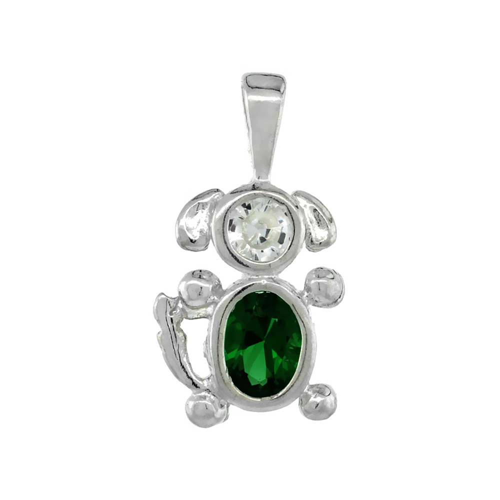 Sterling Silver Emerald Cubic Zirconia May Birthstone Dog Necklace with 1.5 mm Bead Chain