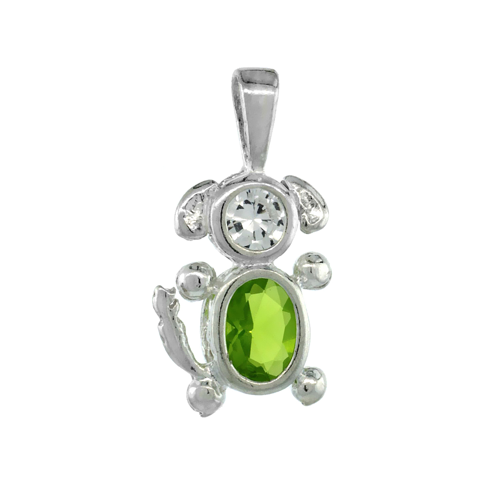 Sterling Silver Peridot Cubic Zirconia August Birthstone Dog Necklace with 1.5 mm Bead Chain