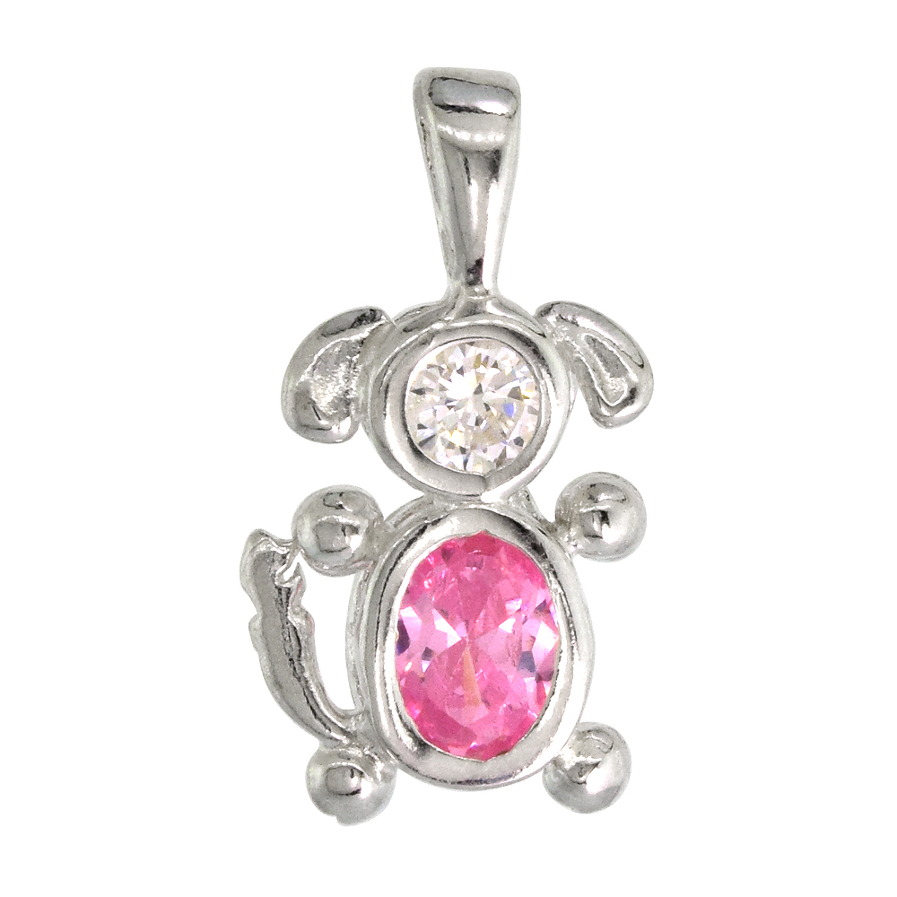 Sterling Silver Pink Tourmaline Cubic Zirconia October Birthstone Dog Necklace with 1.5 mm Bead Chain