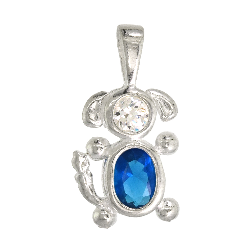 Sterling Silver Blue Topaz Cubic Zirconia December Birthstone Dog Necklace with 1.5 mm Bead Chain