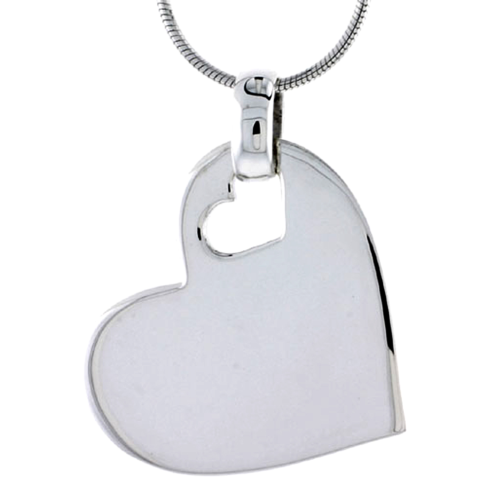 STERLING SILVER HIGH POLISHED HEART PENDANT, W/ SMALL CUT OUT, 15/16" (24 MM) TALL, W/ 18" THIN SNAKE CHAIN
