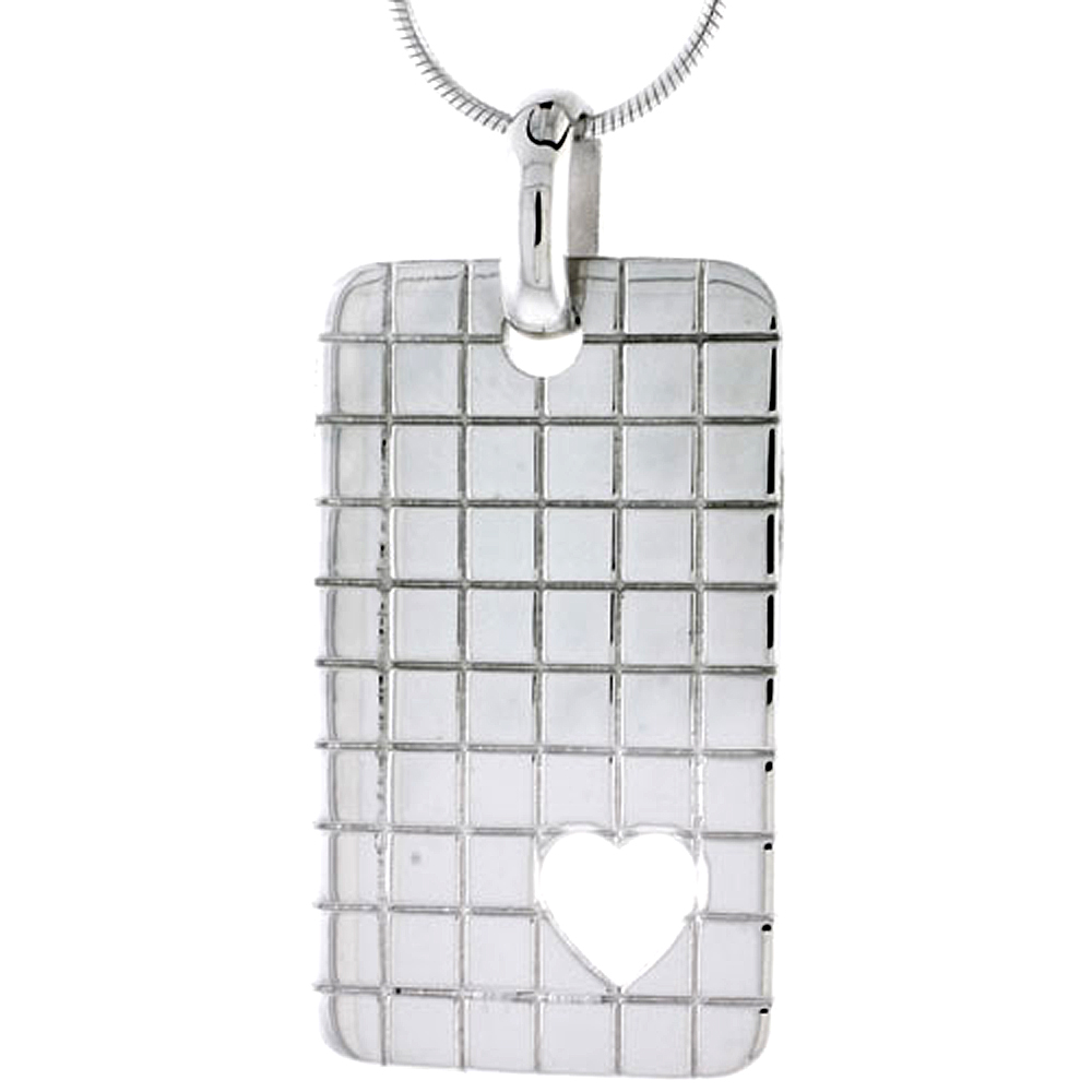 STERLING SILVER HIGH POLISHED CHECKER BOARD PATTERN RECTANGULAR PENDANT, W/ HEART CUT OUT, 1 5/8" (35 MM) TALL, W/ 18" THIN SNAKE CHAIN