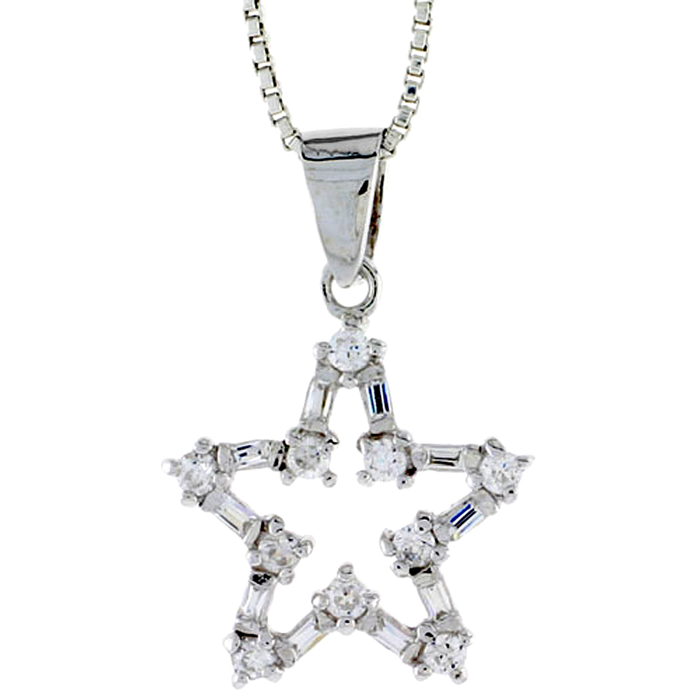 STERLING SILVER CUT OUT STAR PENDANT W/ BAGUETTE & ROUND CZ STONES, 3/4" (19 MM) TALL