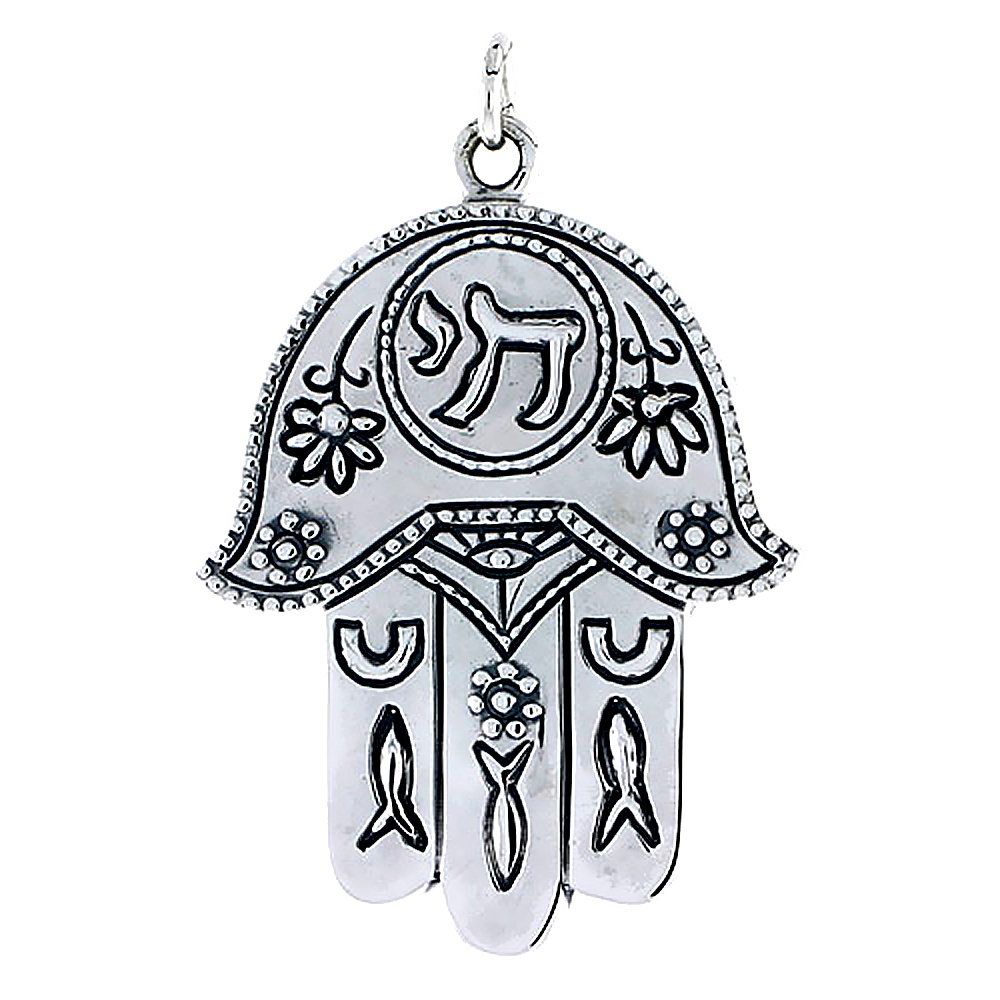 STERLING SILVER HAMSA "HAND OF GOD" PENDANT, 1 5/8" (41 MM) TALL