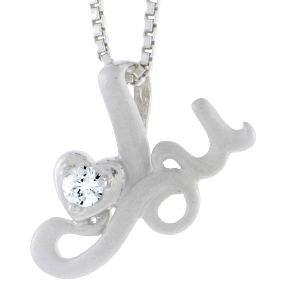 HIGH POLISHED STERLING SILVER 9/16" (15 MM) TALL "I LOVE YOU" HEART PENDANT, W/ 3MM BRILLIANT CUT CZ STONE, W/ 18" THIN BOX CHAIN