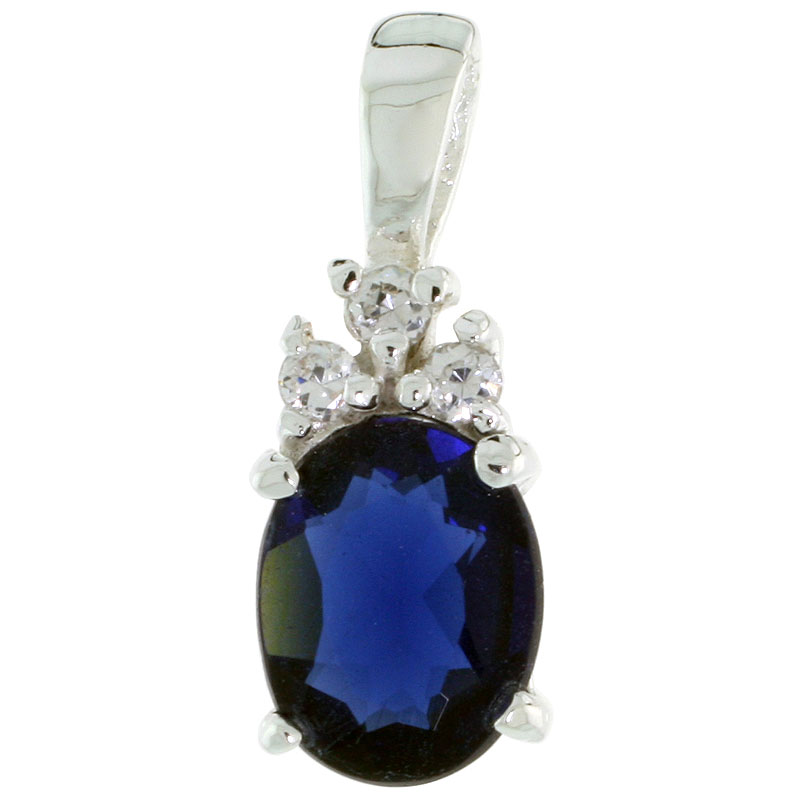 STERLING SILVER OVAL-SHAPED SEPTEMBER BIRTHSTONE CZ PENDANT, W/ 9X7MM OVAL CUT BLUE SAPPHIRE-COLORED STONE & BRILLIANT CUT CLEAR STONES, W/ 18" THIN BOX CHAIN