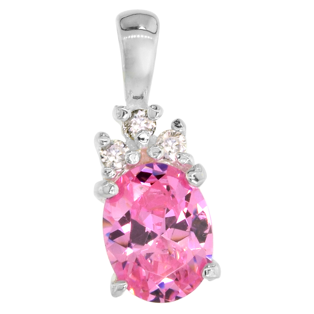 Sterling Silver Cubic Zirconia October Birthstone Necklace 9x7mm Oval Pink Stone & Brilliant Cut Clear Stones, w/ 18" Thin Box C