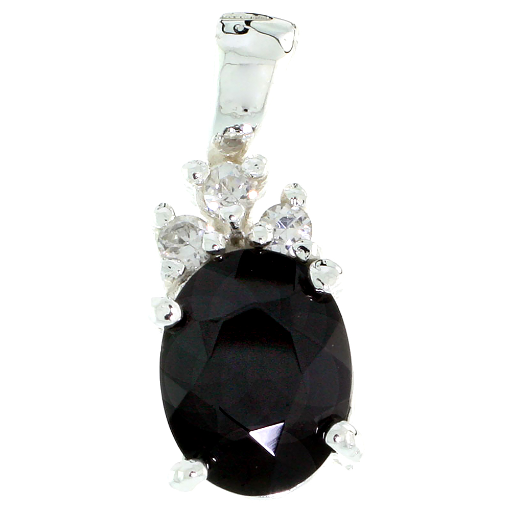 STERLING SILVER OVAL-SHAPED CZ PENDANT, W/ 9X7MM OVAL CUT BLACK STONE & BRILLIANT CUT CLEAR STONES, W/ 18" THIN BOX CHAIN