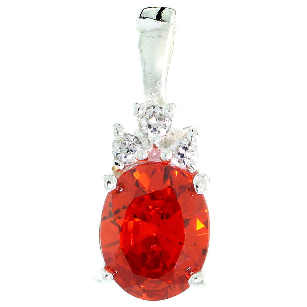 Sterling Silver Oval-shaped CZ Pendant, w/ 9x7mm Oval Cut Orange Sapphire-colored Stone &amp; Brilliant Cut Clear Stones, w/ 18&quot; Thi