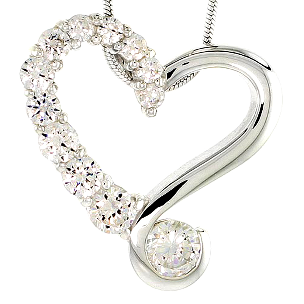 STERLING SILVER GRADUATED JOURNEY HEART PENDANT W/ 12 HIGH QUALITY CZ STONES, 7/8" (22 MM) TALL