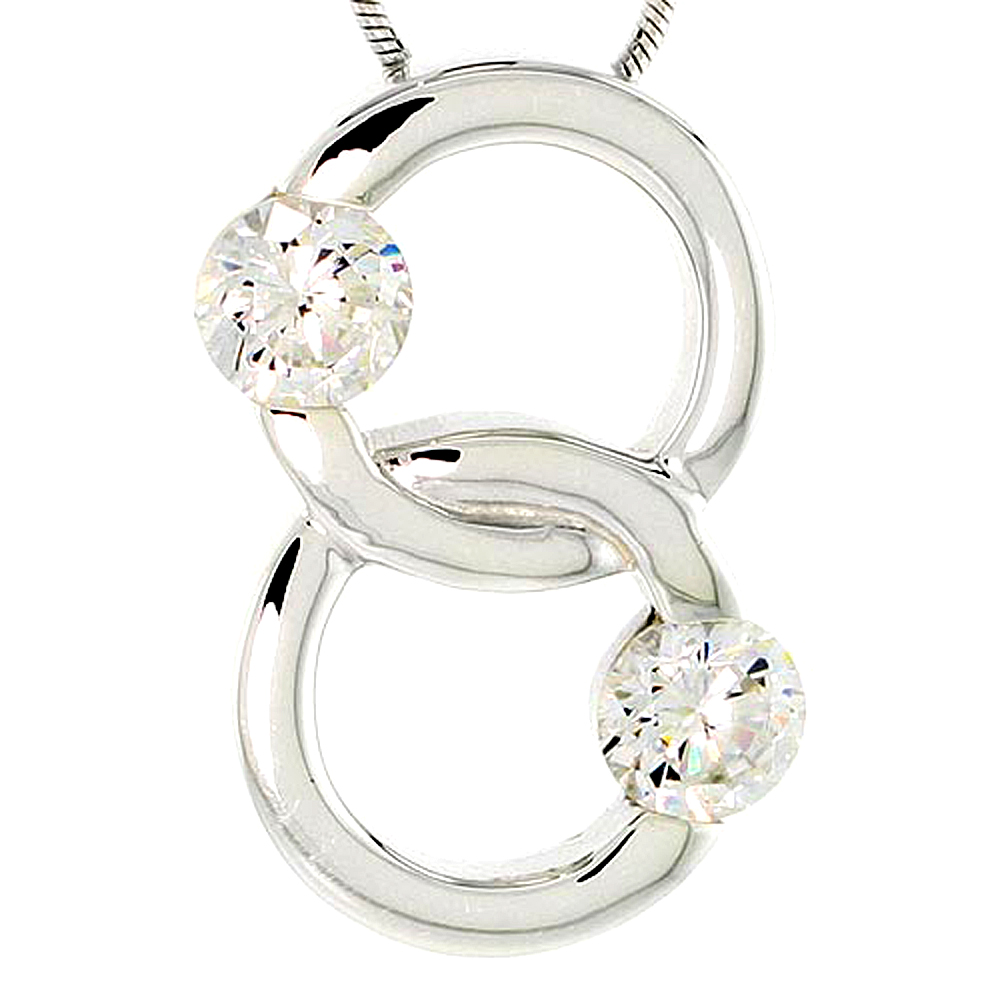 STERLING SILVER OVERLAPPING CIRCLES PENDANT W/ 6MM HIGH QUALITY CZ STONES, 1" (25 MM) TALL