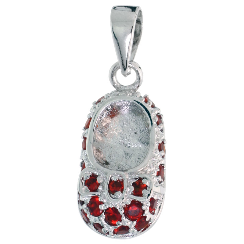 STERLING SILVER CUBIC ZIRCONIA JANUARY BIRTHSTONE SHOE WITH BOW PENDANT, 5/8 INCH WIDE