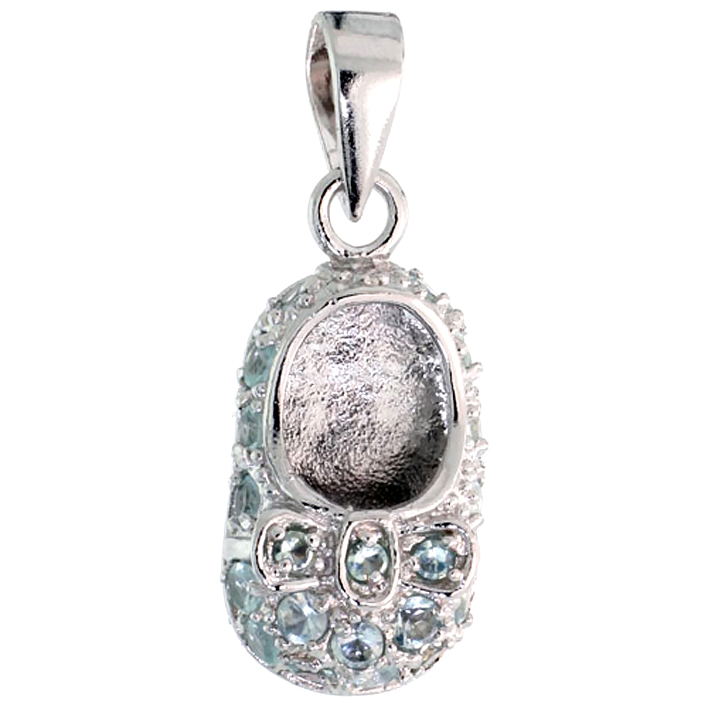 STERLING SILVER CUBIC ZIRCONIA MARCH BIRTHSTONE SHOE WITH BOW PENDANT, 5/8 INCH WIDE