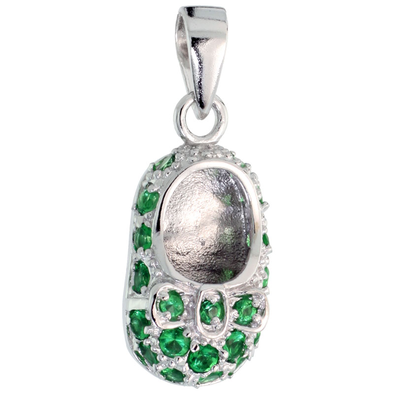 STERLING SILVER CUBIC ZIRCONIA MAY BIRTHSTONE SHOE WITH BOW PENDANT, 5/8 INCH WIDE