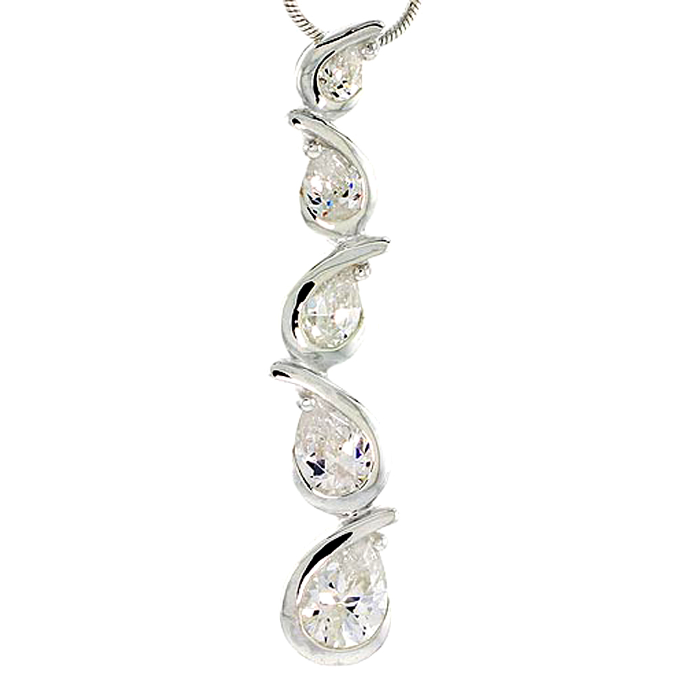 STERLING SILVER PEAR-SHAPED GRADUATED JOURNEY PENDANT W/ 5 CZ STONES, 1 3/4" (44MM) TALL