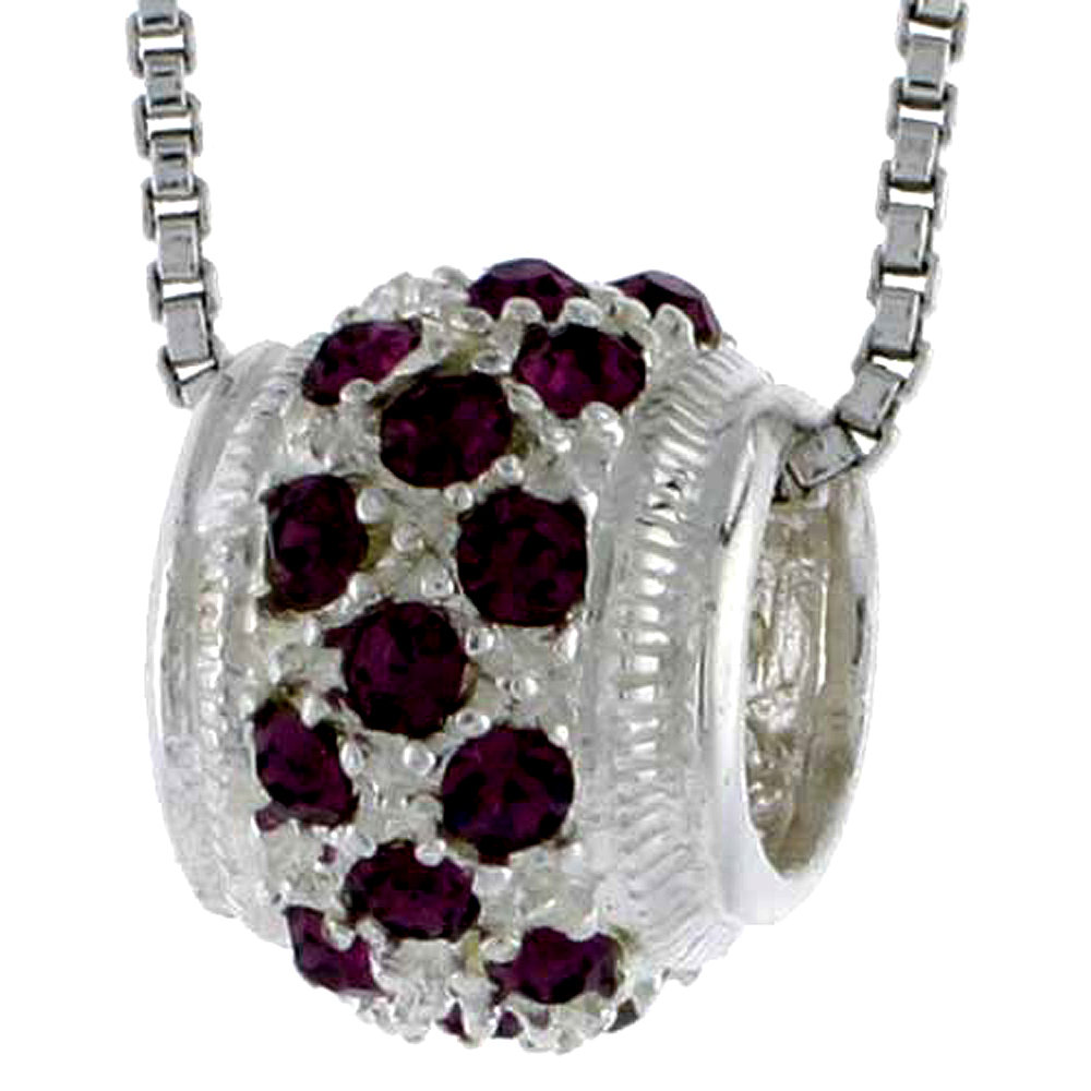 HIGH POLISHED STERLING SILVER 7/16" (11 MM) TALL BEAD CHARM, W/ BRILLIANT CUT CZ STONES, W/ 18" THIN BOX CHAIN