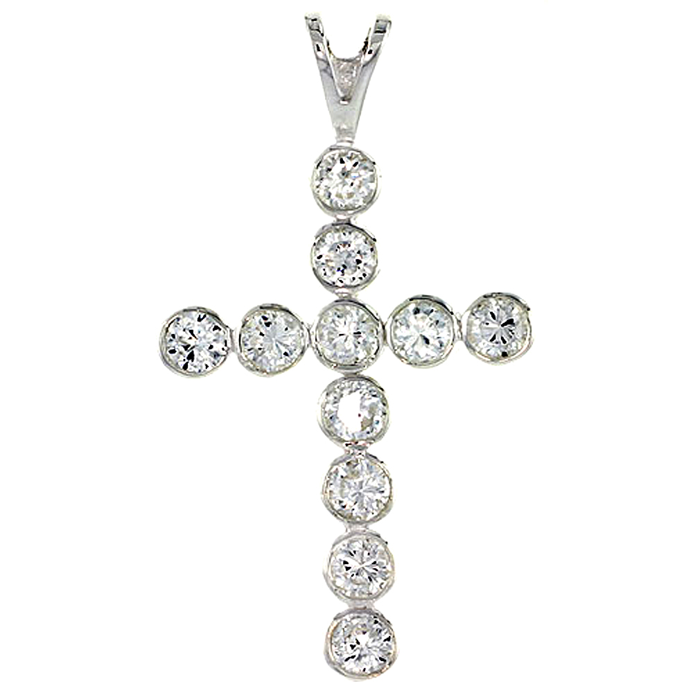 HIGH POLISHED STERLING SILVER 1 11/16" (43 MM) TALL CROSS PENDANT, W/ ELEVEN 4MM BRILLIANT CUT CZ STONES, W/ 18" THIN BOX CHAIN