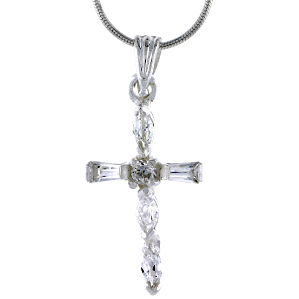 HIGH POLISHED STERLING SILVER 1" (25 MM) TALL CROSS PENDANT, W/ BAGUETTE, BRILLIANT CUT & MARQUISE CUT CZ STONES, W/ 18" THIN BOX CHAIN