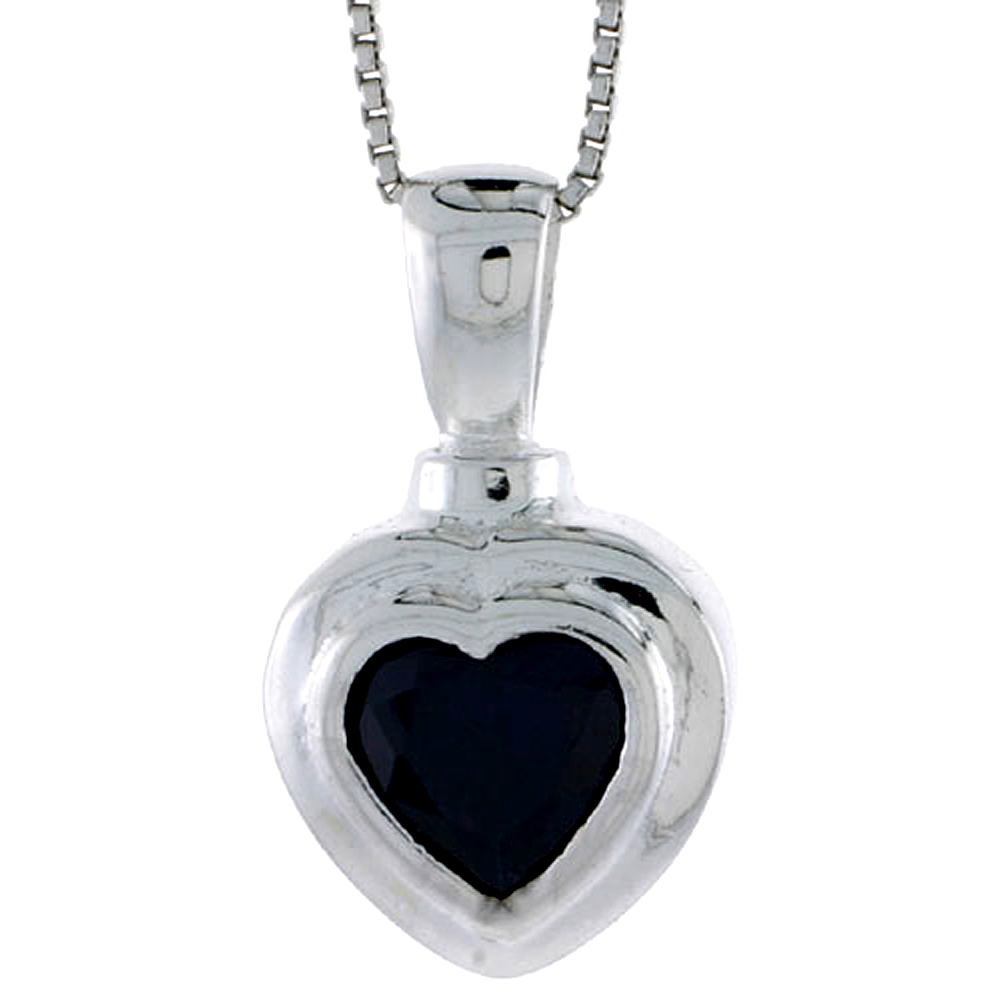 HIGH POLISHED STERLING SILVER 1" (26 MM) TALL HEART PENDANT, W/ 9X9MM AMETHYST-COLORED CZ STONE, W/ 18" THIN BOX CHAIN