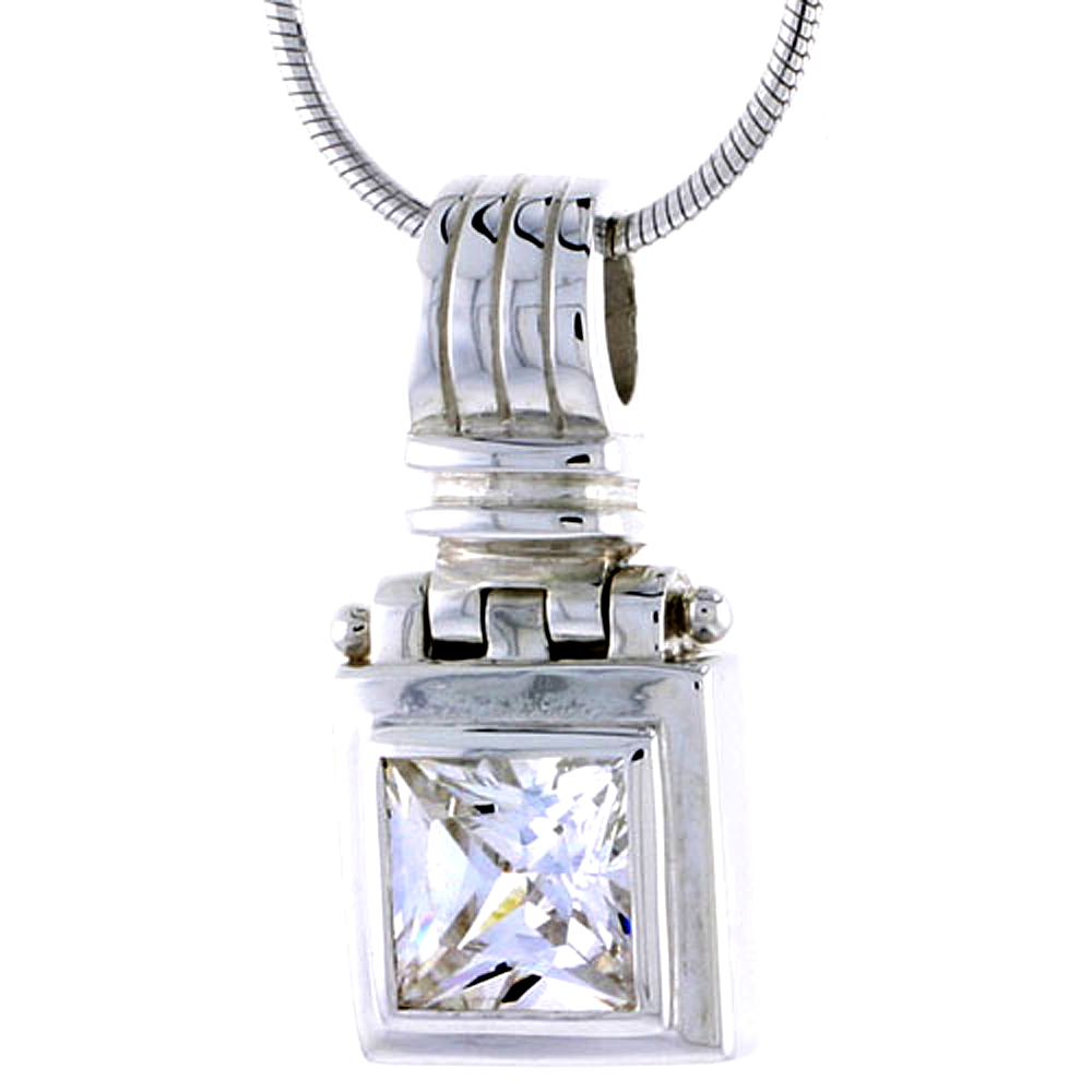 STERLING SILVER CUBIC ZIRCONIA SQUARE PENDANT, 7/16 INCH WIDE